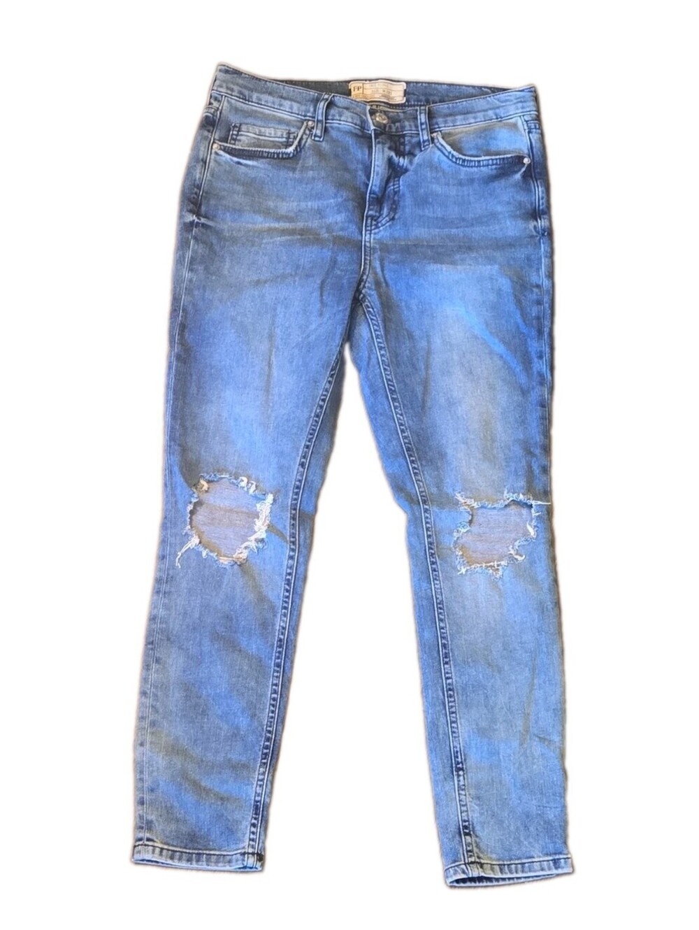Free People Medium Wash Distressed busted knee Skinny Jeans Sz 28S mid rise